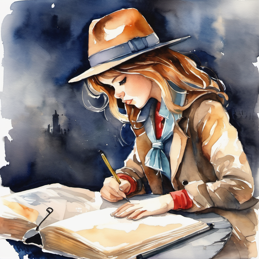 SOL-I, a determined girl with a detective hat and a notebook. in suspense, looking around fearfully