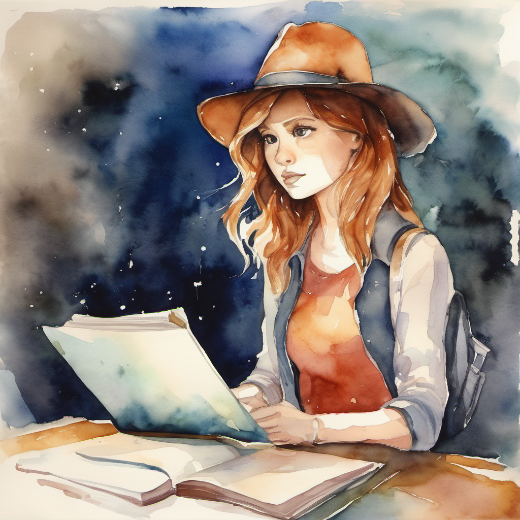 SOL-I, a determined girl with a detective hat and a notebook. facing her fears, uncovering a hidden secret