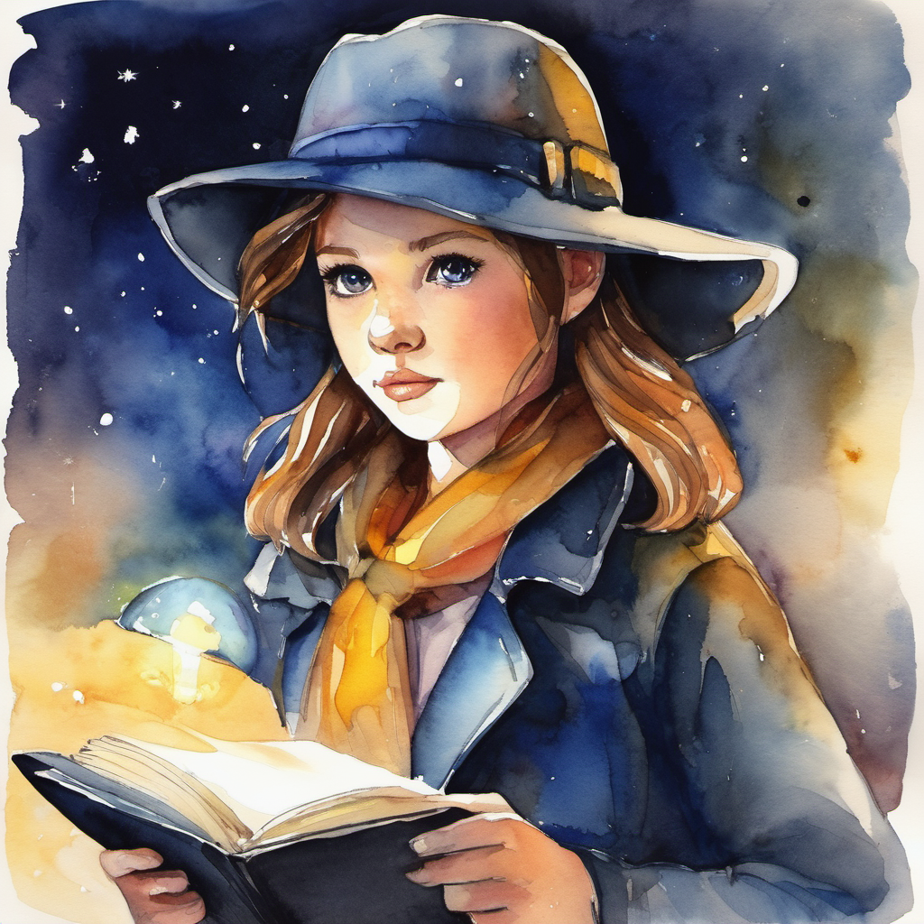 SOL-I, a determined girl with a detective hat and a notebook. determined, holding a flashlight, searching for her friend