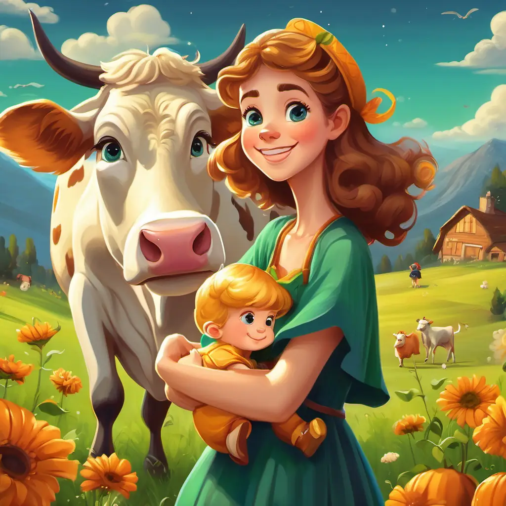 Tiny with blue eyes, golden curls, and a big smile and her mom picking flowers in a green meadow, a big cow with friendly eyes, and other cows in the background.