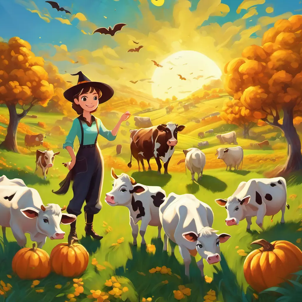 Tiny with blue eyes, golden curls, and a big smile helping a lost cow surrounded by a happy group of cows, green fields and bright sun in the background.