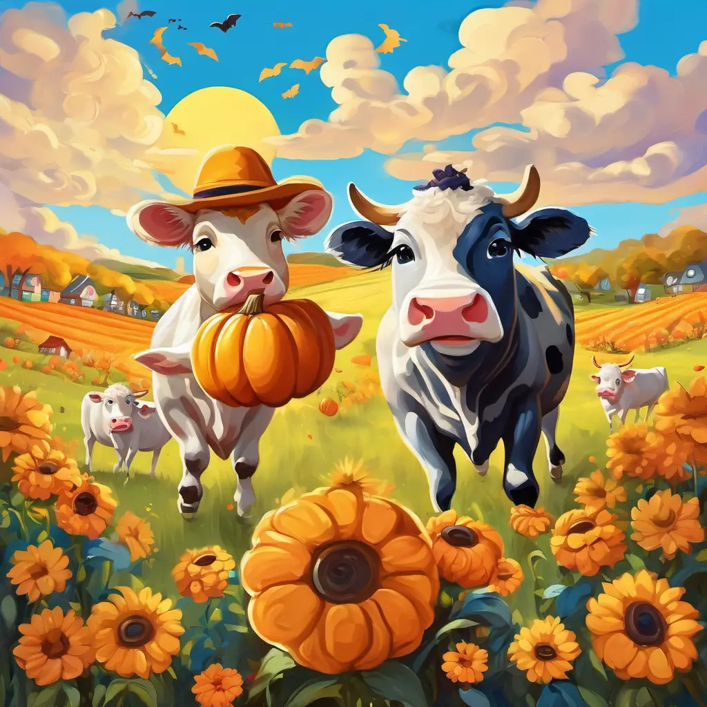 Tiny with blue eyes, golden curls, and a big smile and the cows dancing together, with colorful flowers and a bright, sunny sky above.