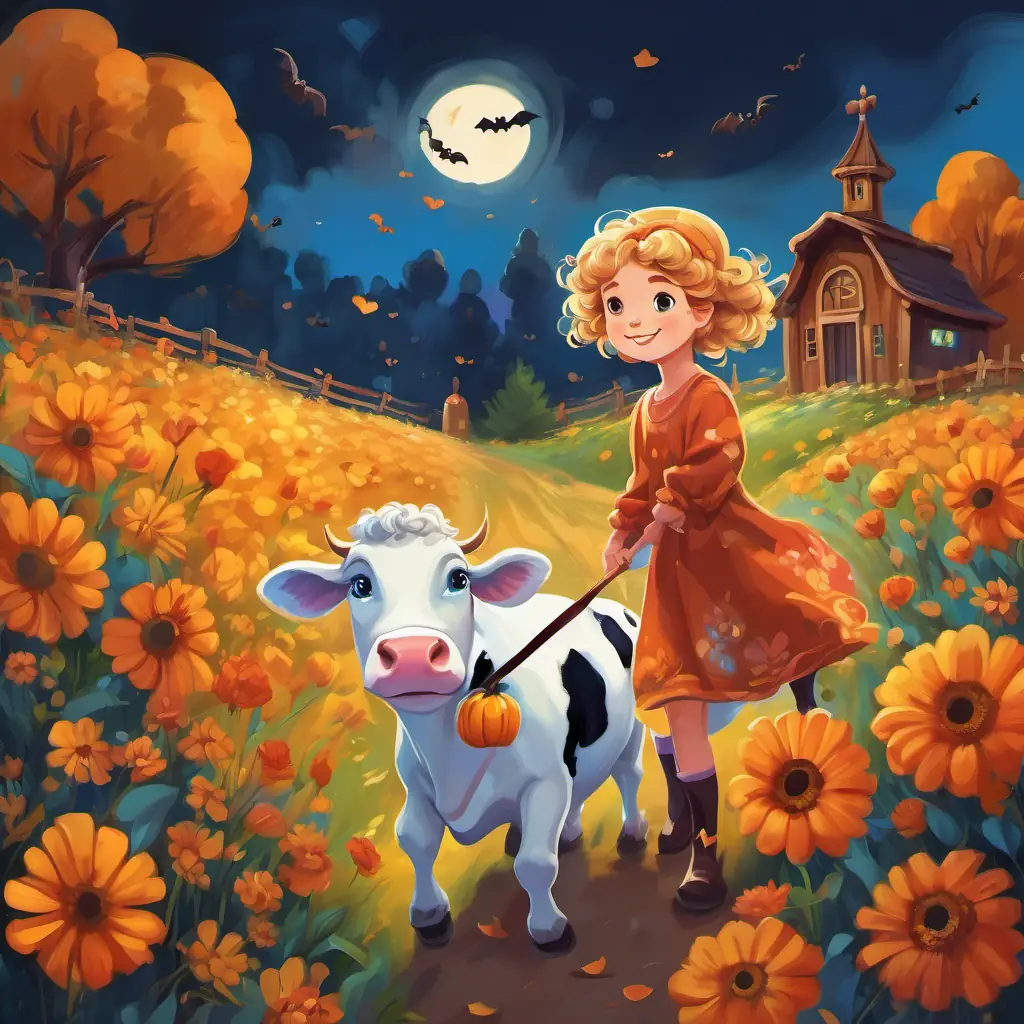 Tiny with blue eyes, golden curls, and a big smile happily walking back to her mom, with her arm around a friendly cow, colorful flowers all around.