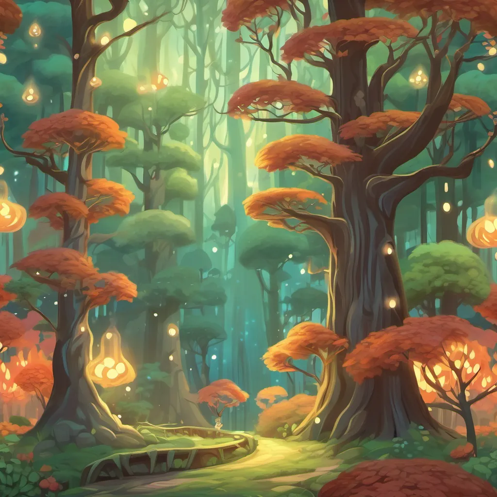 A whimsical forest scene with tall, swirling trees and a small, cheerful fire sprite with glowing eyes.