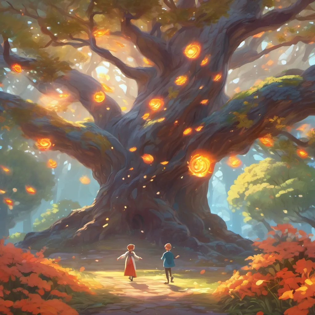 The fire sprite dancing playfully around grand, ancient trees with glimmers of light surrounding him.