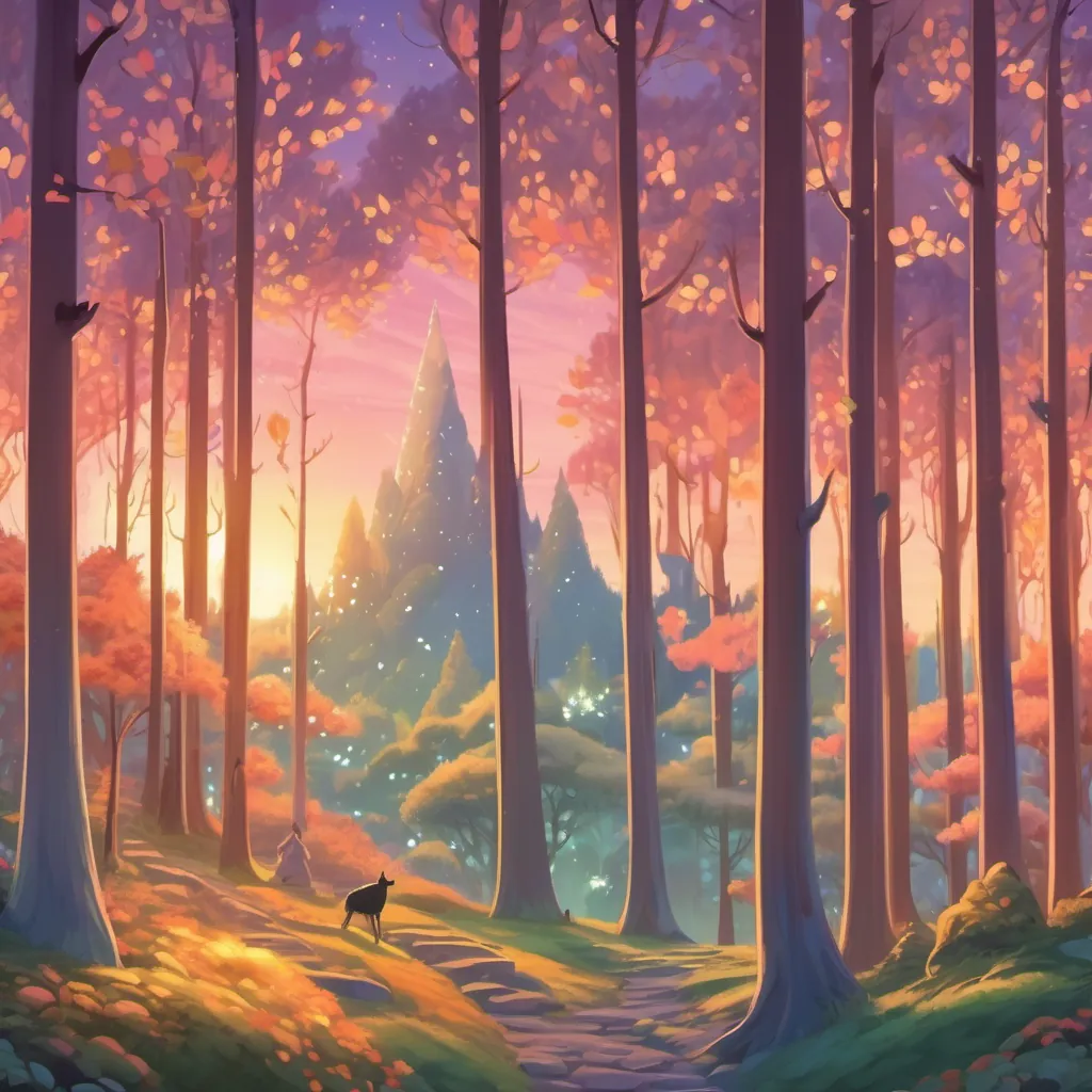 A hopeful dawn breaking over a magical forest with the fire sprite sparking a new adventure