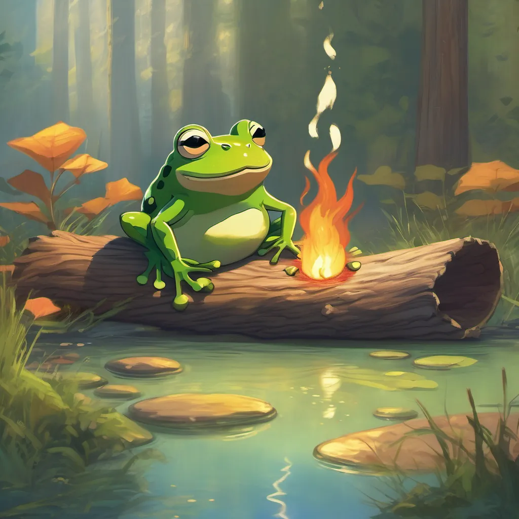 A humorous scene with an animated log resembling a frog speaking to the fire sprite in a quirky expression.