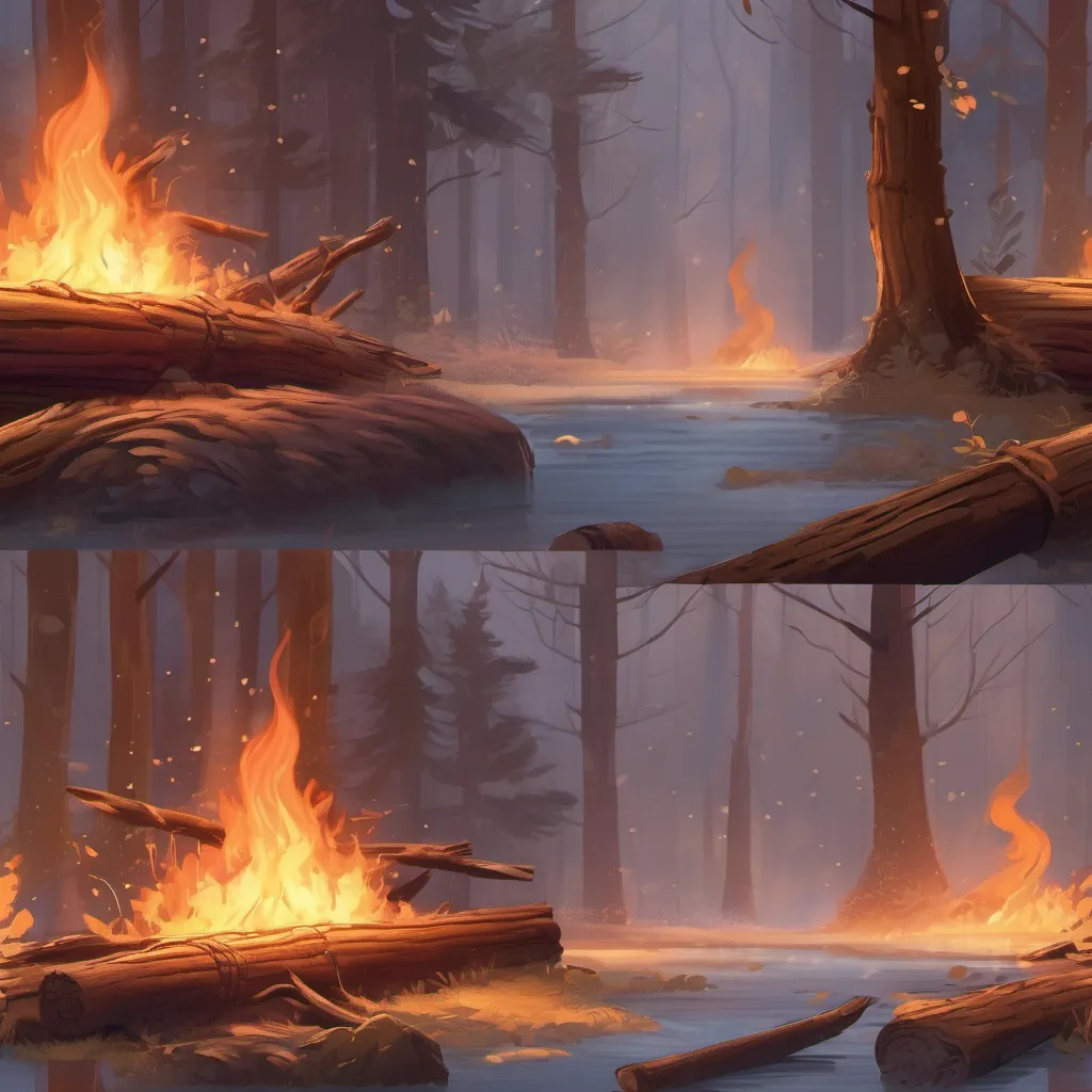 The fire sprite using its warmth to help a soggy log, with steam rising as the log dries.