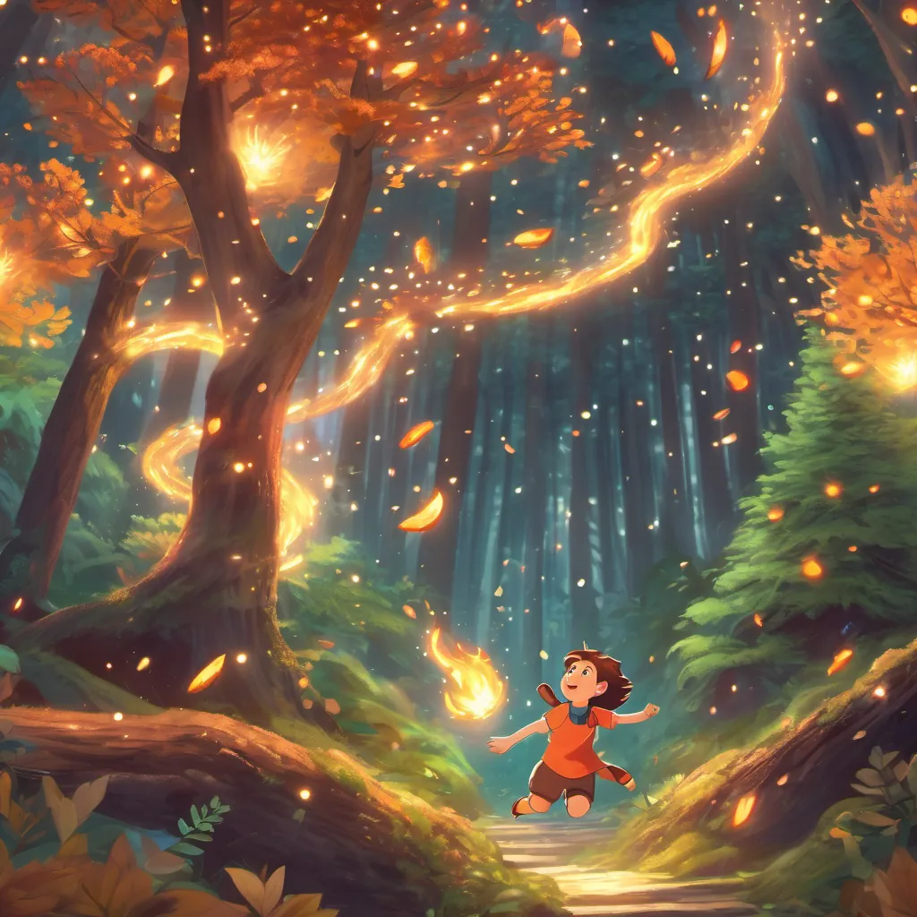 The fire sprite and the animated log jumping joyfully through a magical forest full of sparkles.