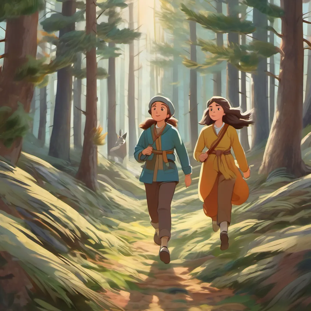 The two companions moving energetically through a windswept forest with pinecones and gullies in their path.