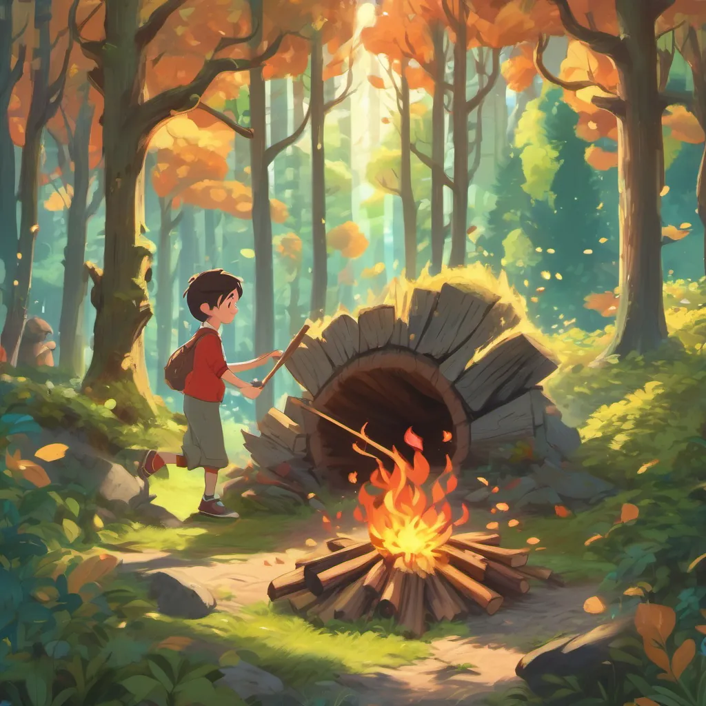 The fire sprite and the log making music and merriment in a lively forest filled with swaying trees.