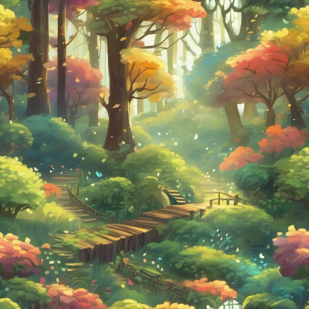 Music notes fluttering through a luminous forest as the sprite and log sing gleefully.