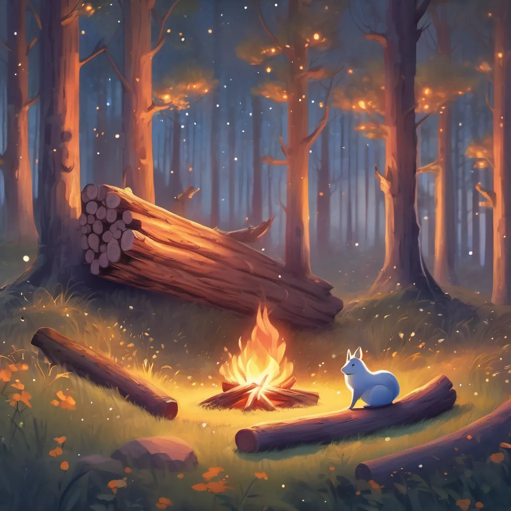 A serene dusk scene with the fire sprite and log resting under a starry sky in a cozy forest glade.