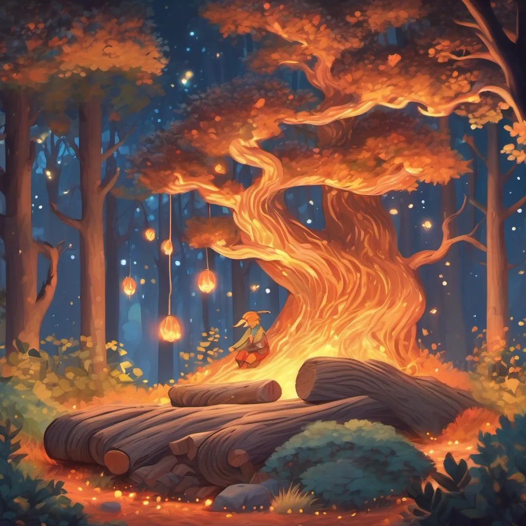 The fire sprite and log contentedly falling asleep under a twinkling night sky surrounded by woodland peace.