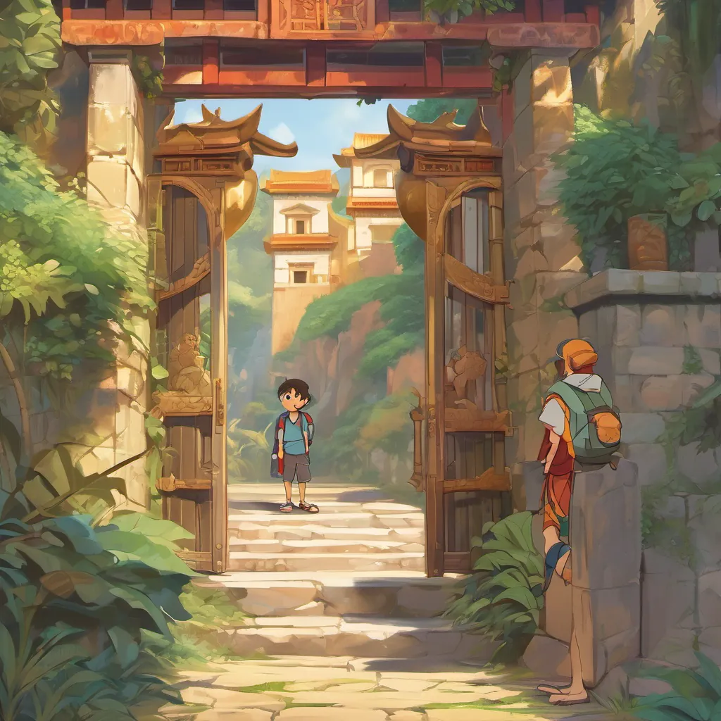 Image of Image of Noi, a boy with bright eyes, adventurous spirit, and a backpack, a boy with bright eyes and a backpack, and Image of Mek, a playful and mischievous monkey, always mimicking Noi, a playful monkey, standing at the gate of an ancient city.