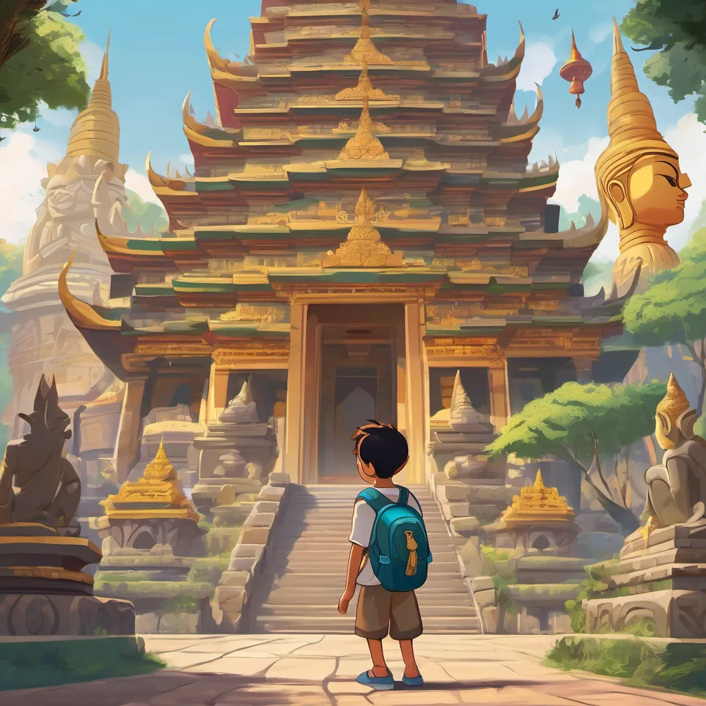 Image of Image of Noi, a boy with bright eyes, adventurous spirit, and a backpack and Image of Mek, a playful and mischievous monkey, always mimicking Noi standing in front of Wat Mahathat, looking up at the towering spires and ancient Buddha statues.