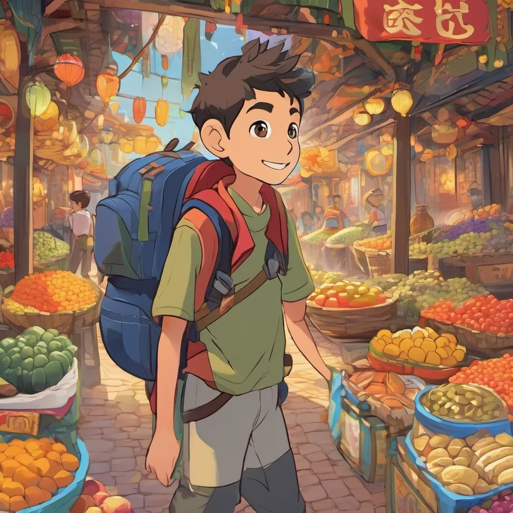 Image of Image of Noi, a boy with bright eyes, adventurous spirit, and a backpack and Image of Mek, a playful and mischievous monkey, always mimicking Image of Noi, a boy with bright eyes, adventurous spirit, and a backpack at the old market, surrounded by colorful stalls and tasting local food.