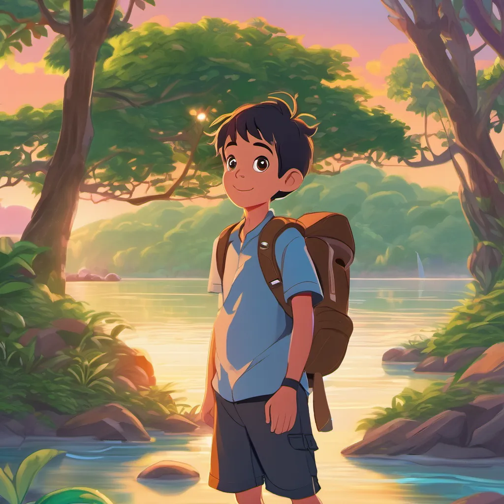 Image of Image of Noi, a boy with bright eyes, adventurous spirit, and a backpack and Image of Mek, a playful and mischievous monkey, always mimicking Noi watching the sunset by Bueng Phra Ram, surrounded by lush greenery and serene waters.