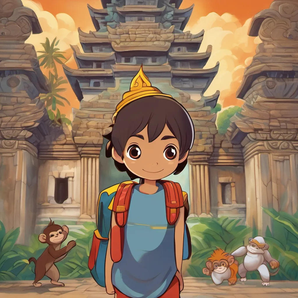 Image of Image of Noi, a boy with bright eyes, adventurous spirit, and a backpack and Image of Mek, a playful and mischievous monkey, always mimicking Noi discovering the enormous seated Buddha at Wat Si Chum, surrounded by ancient walls.