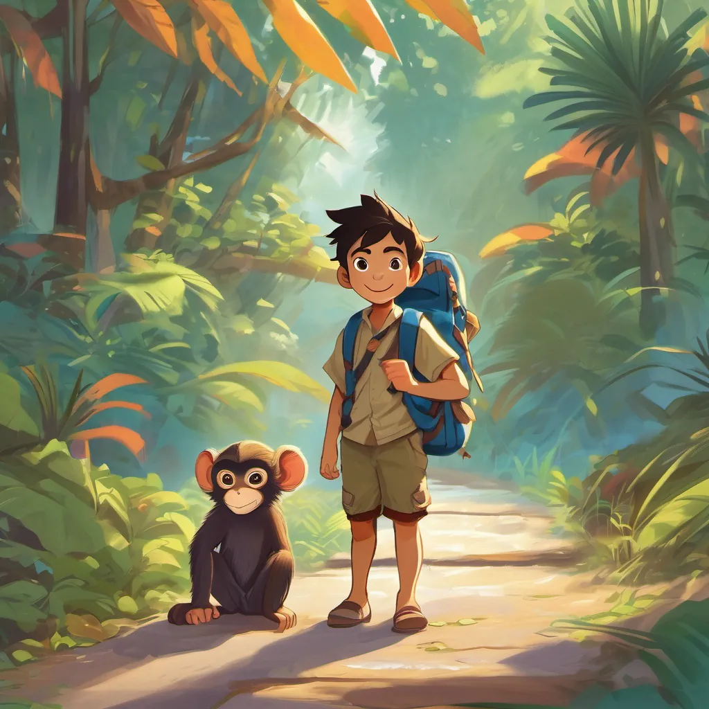 Image of Image of Noi, a boy with bright eyes, adventurous spirit, and a backpack and Image of Mek, a playful and mischievous monkey, always mimicking Noi, looking back at Sukhothai with smiles, ready to return in the future.