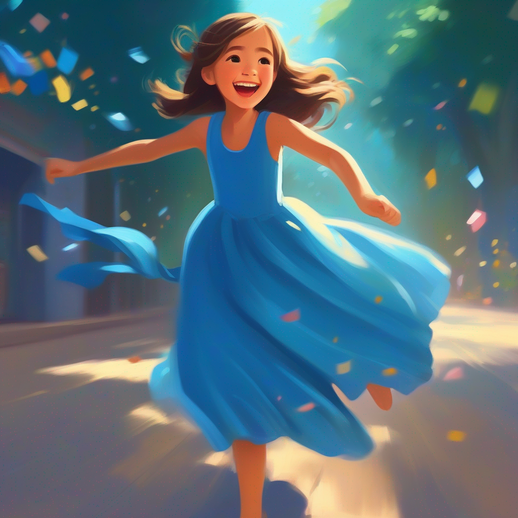 A girl with a big smile, wearing a blue dress's birthday wish comes true, she becomes the fastest person