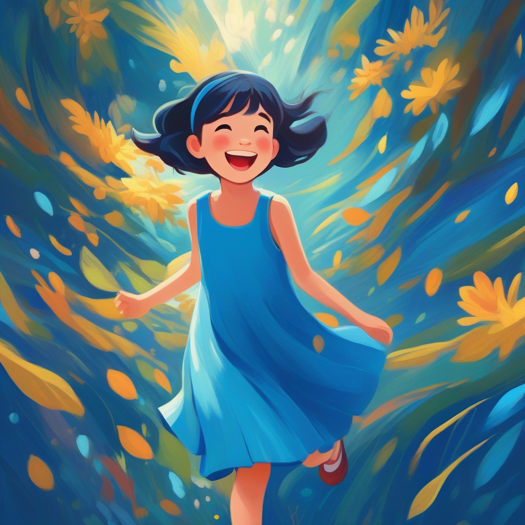 A girl with a big smile, wearing a blue dress realizes she is missing out on the joy of each moment