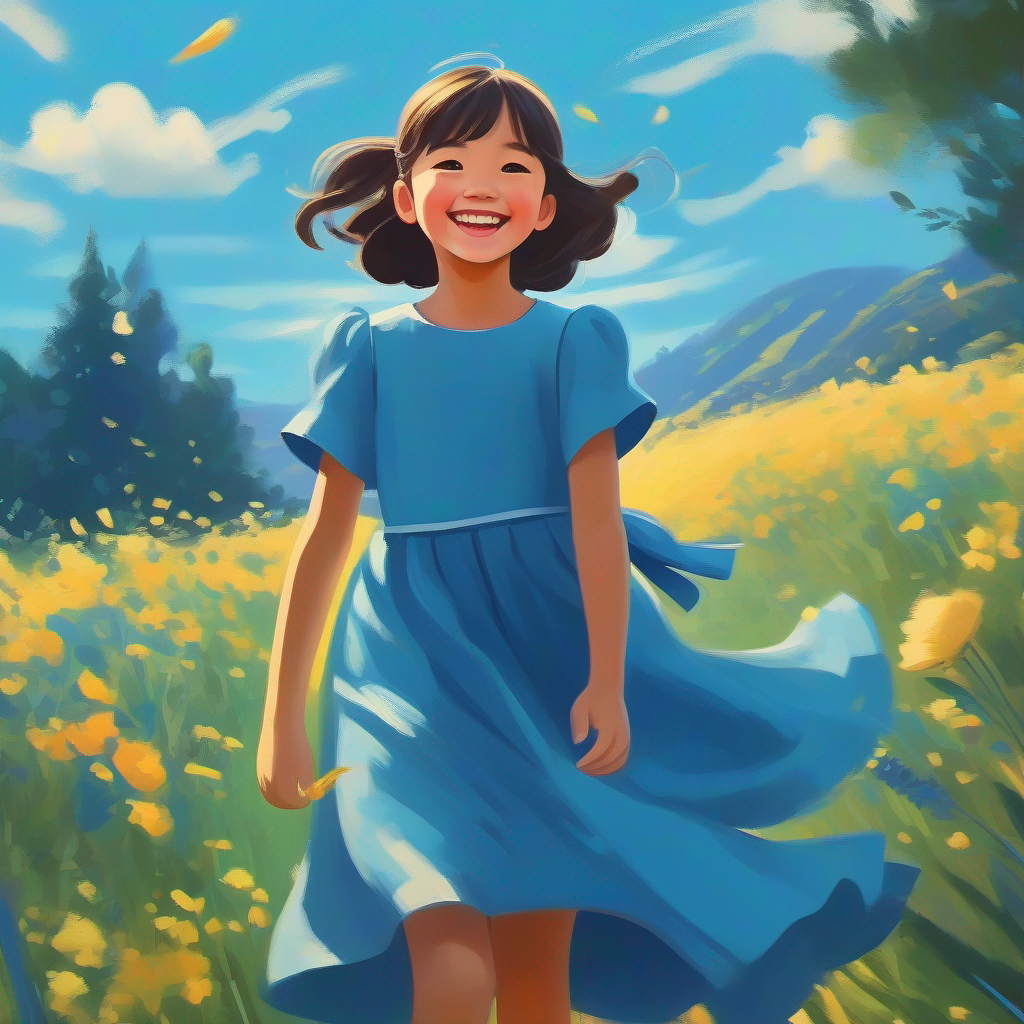 A girl with a big smile, wearing a blue dress enjoys the day at a slower pace, appreciating everything