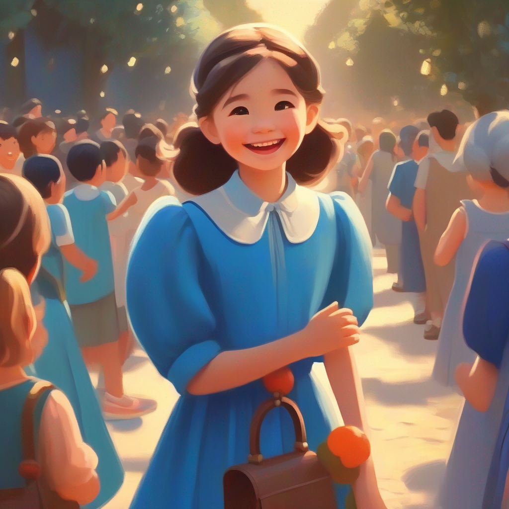 A girl with a big smile, wearing a blue dress lives happily ever after, sharing her wisdom with others