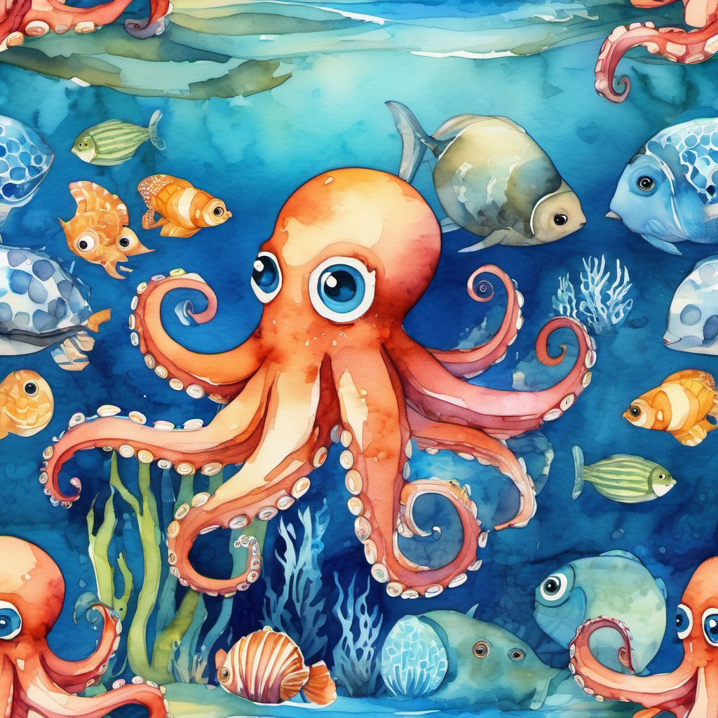 A friendly octopus with shiny blue skin and big round eyes the octopus swimming alone in the big blue ocean, surrounded by fishy friends