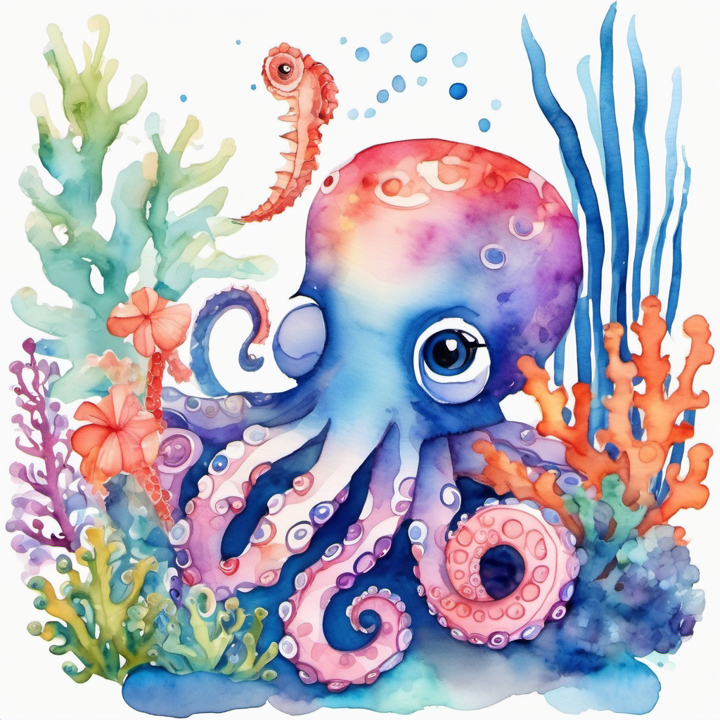 A friendly octopus with shiny blue skin and big round eyes and A tiny seahorse with pink and purple stripes and a curly tail the seahorse smiling and swimming together in a colorful coral reef