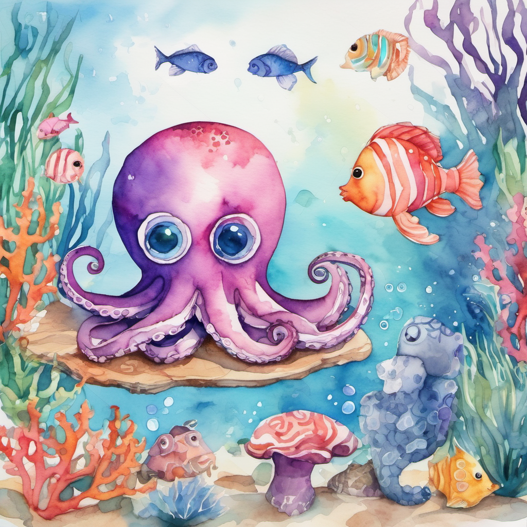 A friendly octopus with shiny blue skin and big round eyes and A tiny seahorse with pink and purple stripes and a curly tail having a picnic with seaweed sandwiches, surrounded by colorful fish and coral