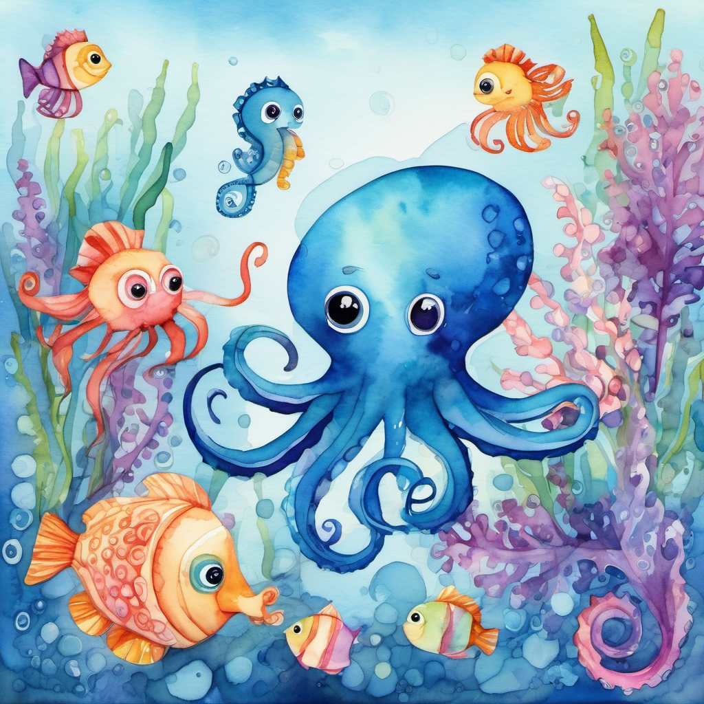 A friendly octopus with shiny blue skin and big round eyes, A tiny seahorse with pink and purple stripes and a curly tail, and their new fishy friends swimming happily together in the big blue ocean