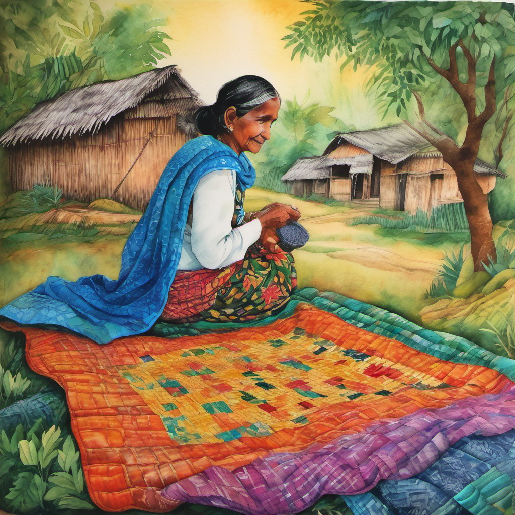 Once upon a time, in a small village in Bangladesh, there lived a wise old lady named Nani Buri. She was known for her incredible skill in weaving beautiful Nakshi Kantha quilts. These quilts were not just ordinary blankets, but they were filled with stories and life lessons that brought warmth to the heart, mind, and soul. One cold winter's day, Nani Buri decided to make a special quilt for a young boy named Khokon. Khokon loved listening to stories and Nani Buri knew just how to fill his quilt with the most enchanting tales. She gathered her materials and invited all the animals in the village to help her weave these stories.