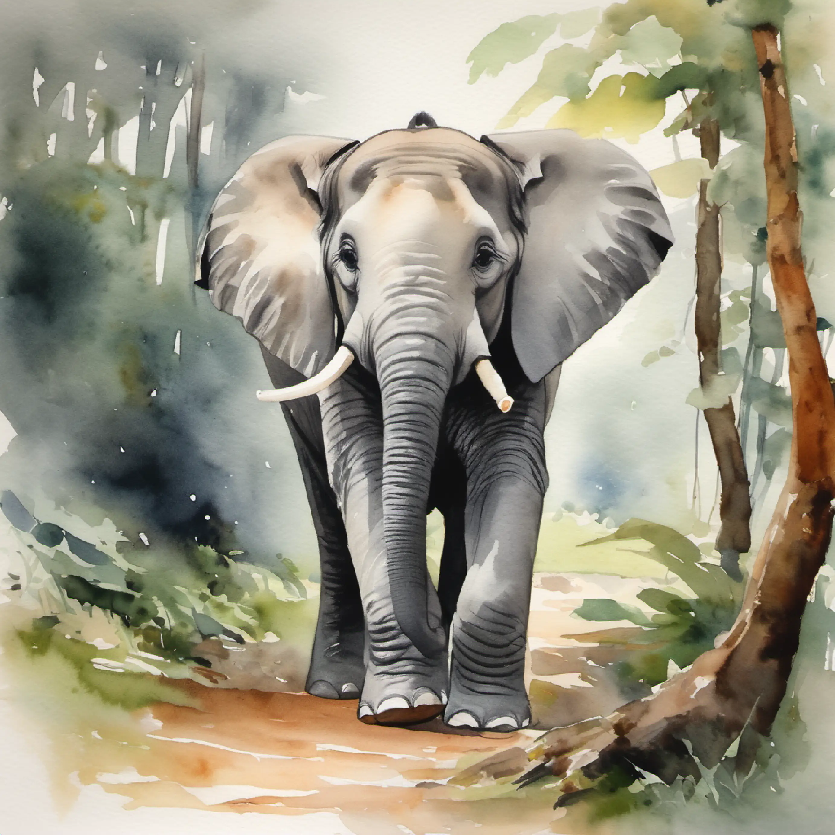Introduction to Young elephant, friendly eyes, light gray skin in her forest home