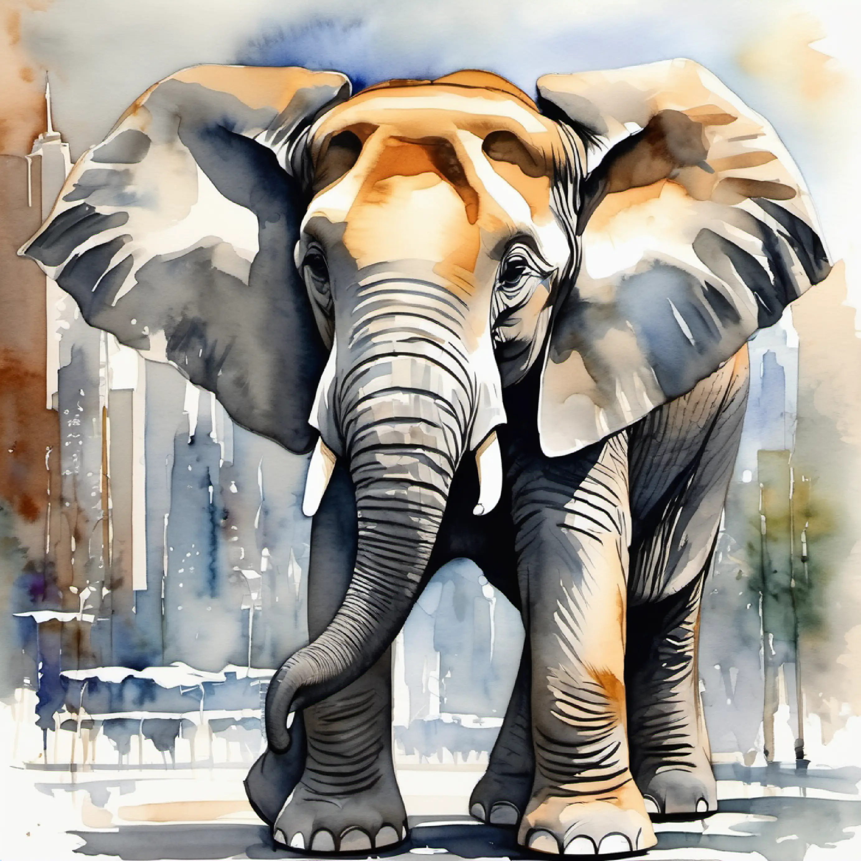 Young elephant, friendly eyes, light gray skin dreaming of the big city