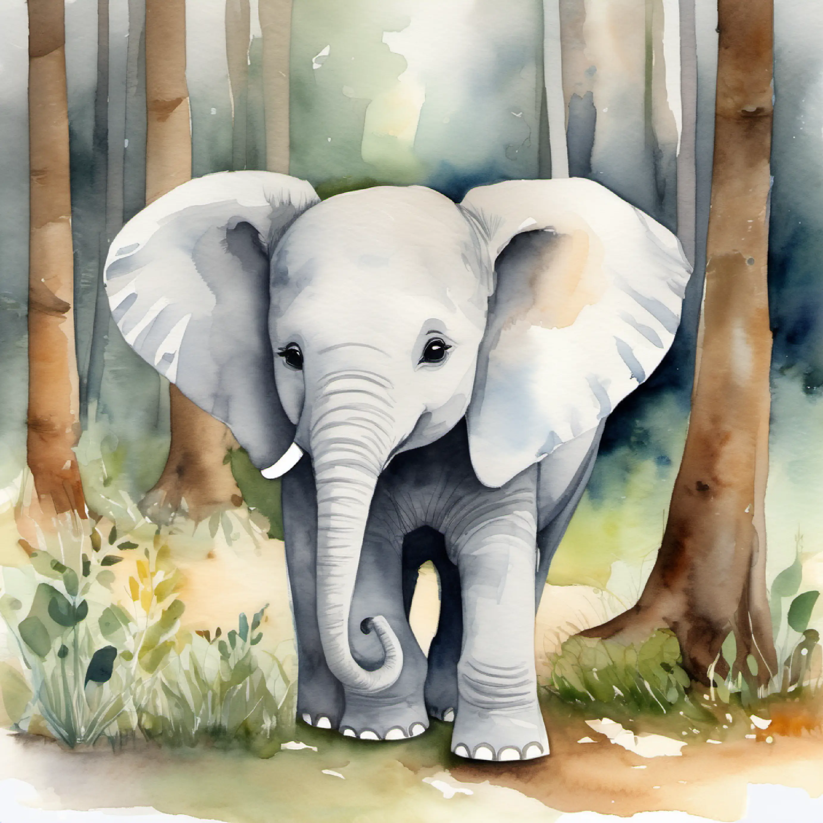 Young elephant, friendly eyes, light gray skin sharing stories with forest friends