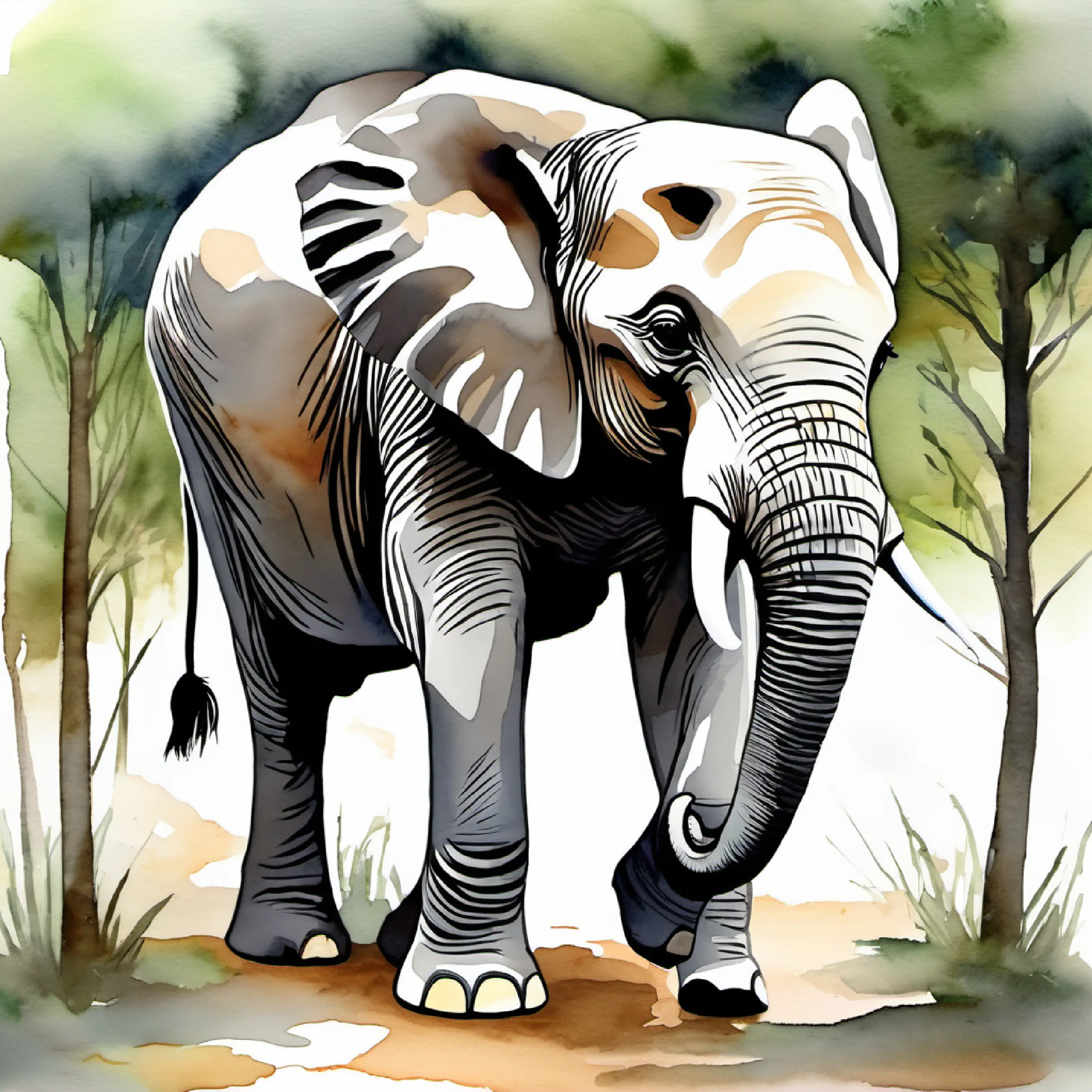 Young elephant, friendly eyes, light gray skin leaving the forest