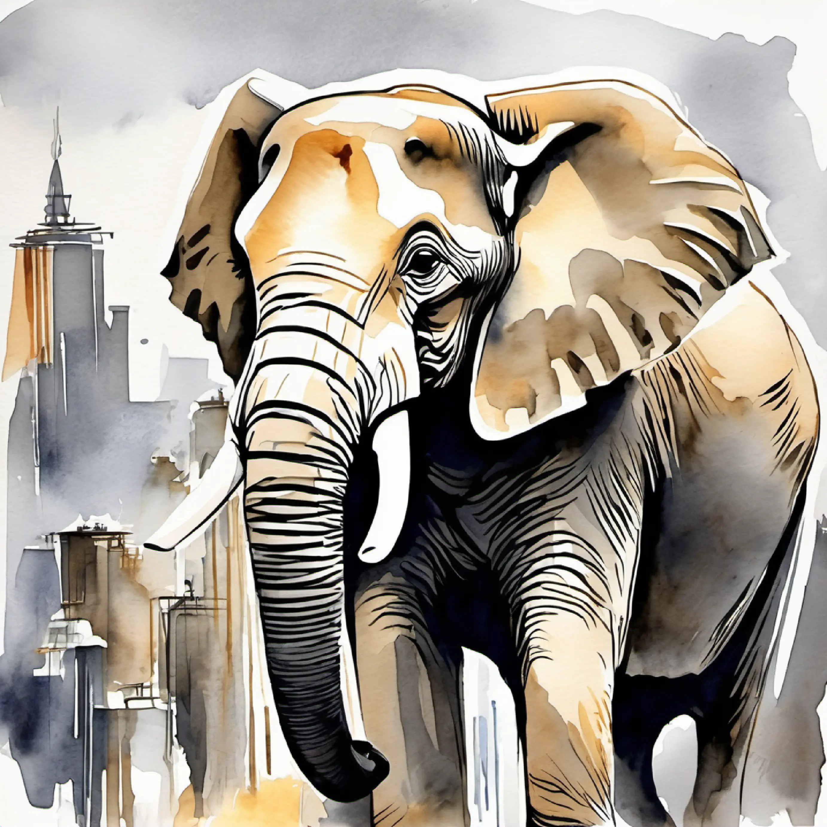 Young elephant, friendly eyes, light gray skin encountering the edge of the city