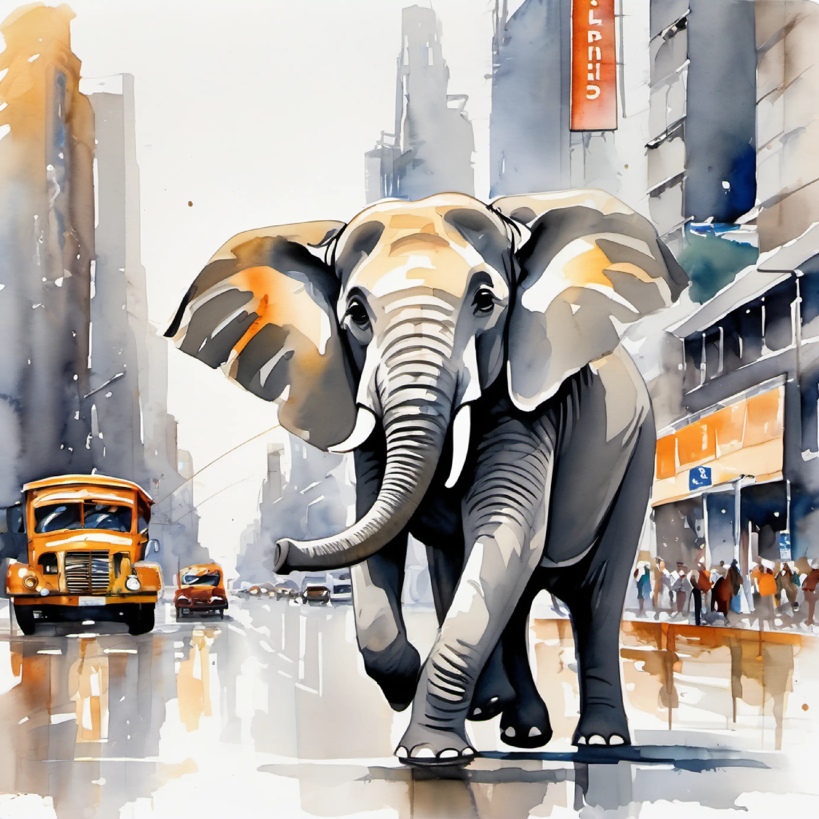 Young elephant, friendly eyes, light gray skin amazed by city billboards