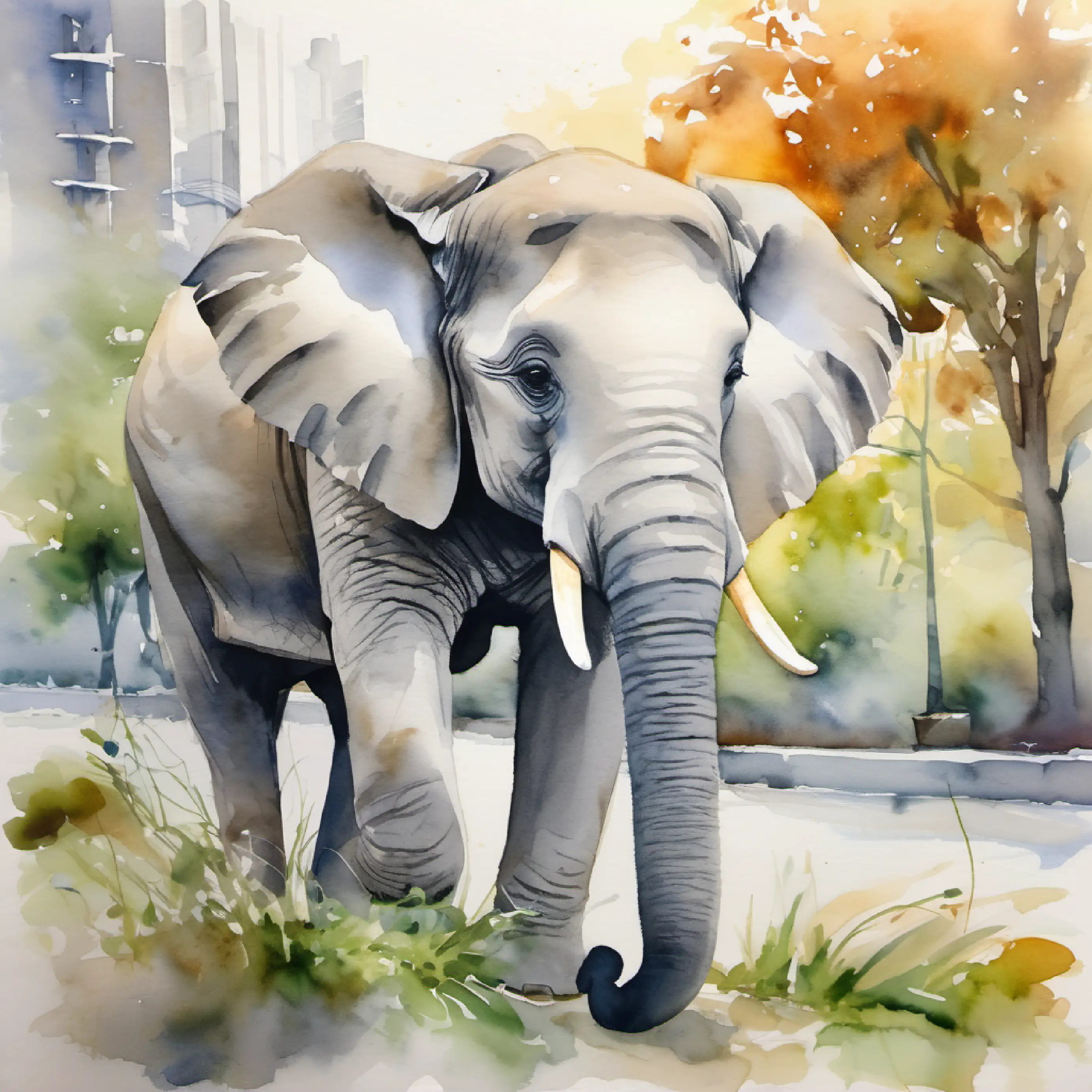 Young elephant, friendly eyes, light gray skin passing a city park