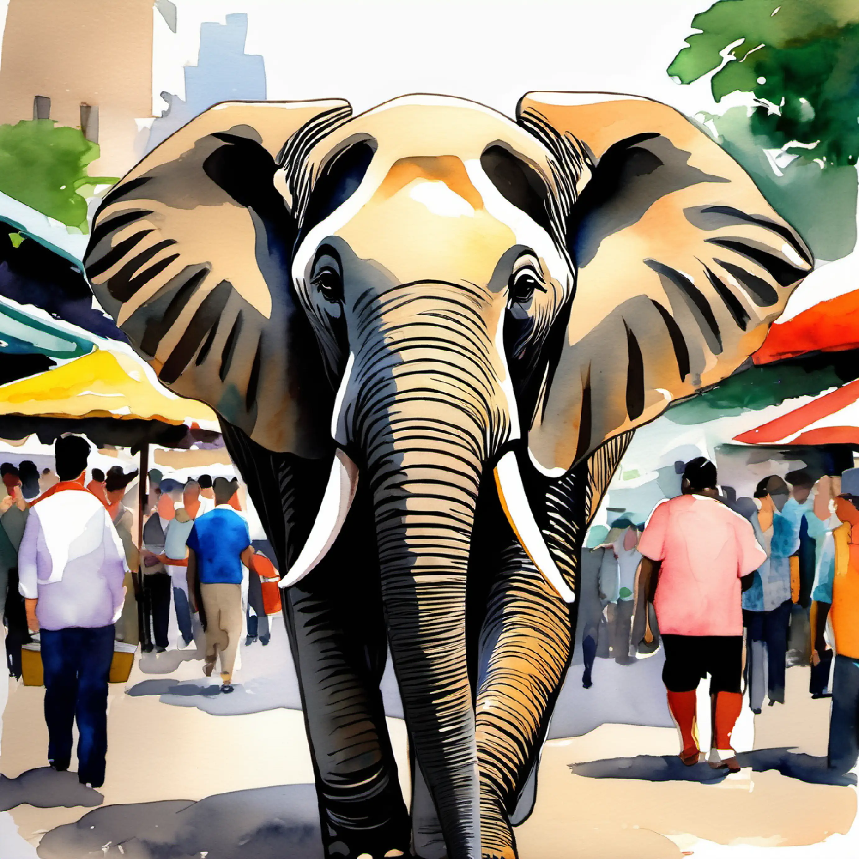 Young elephant, friendly eyes, light gray skin exploring a city market
