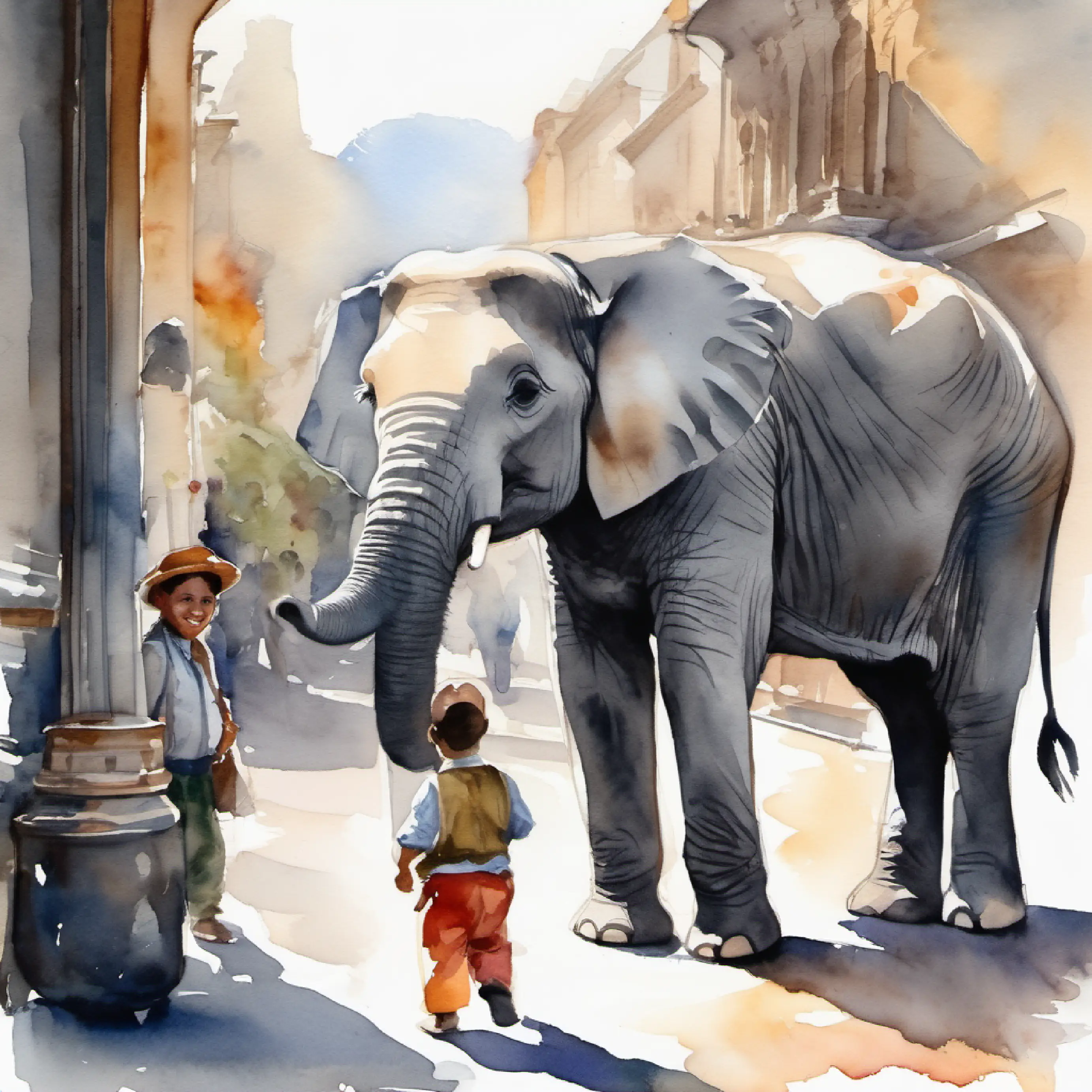 Young elephant, friendly eyes, light gray skin discovering a street musician
