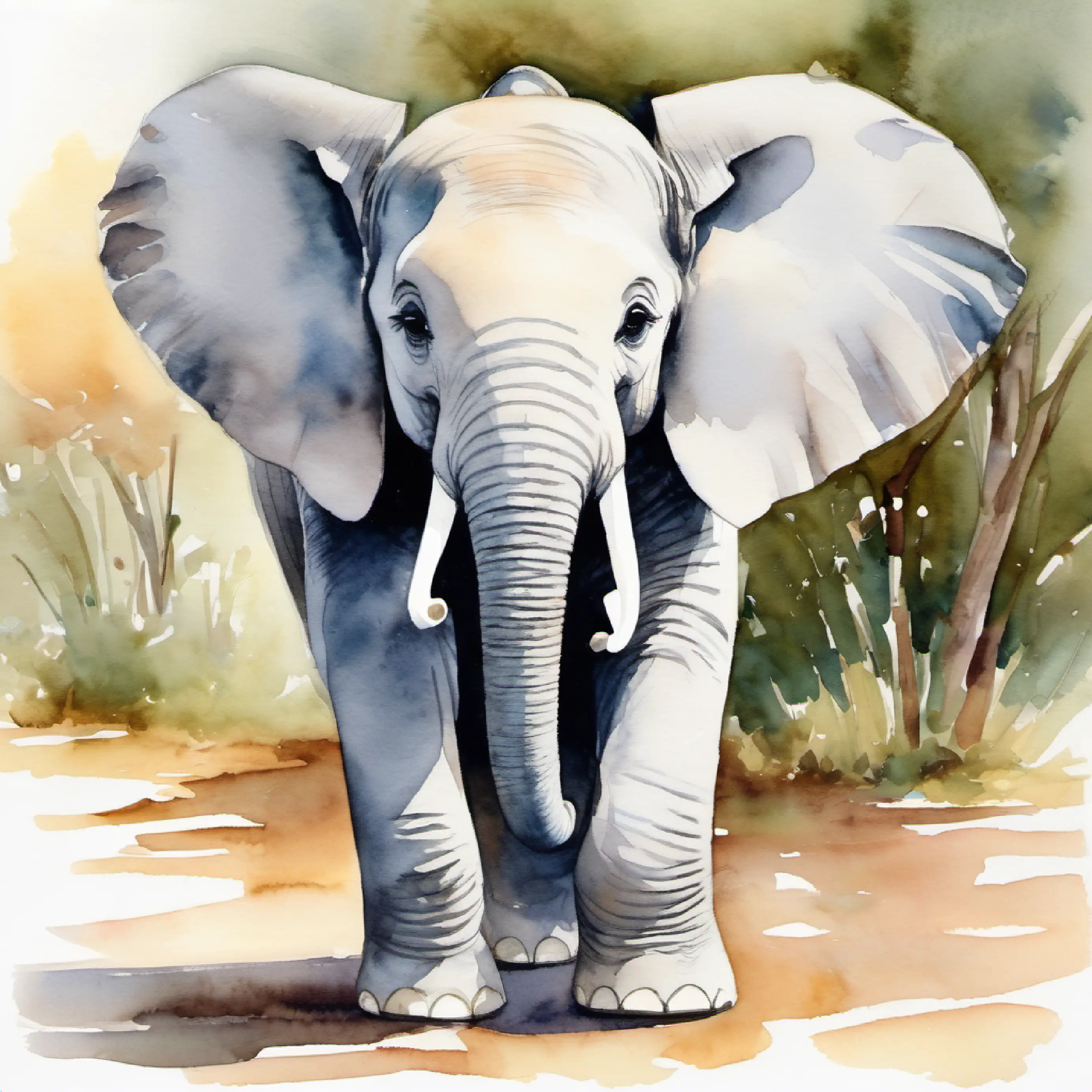Young elephant, friendly eyes, light gray skin trying a musical instrument