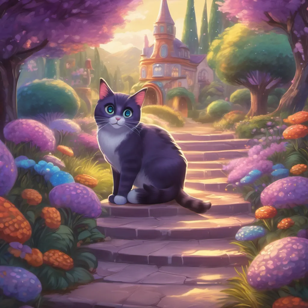 A whimsical land with purple skies and blue trees, featuring a clever cat named A clever cat with sparkling eyes and a big shiny shoe, living in a whimsical land wearing a big shiny shoe, with sparkling eyes.