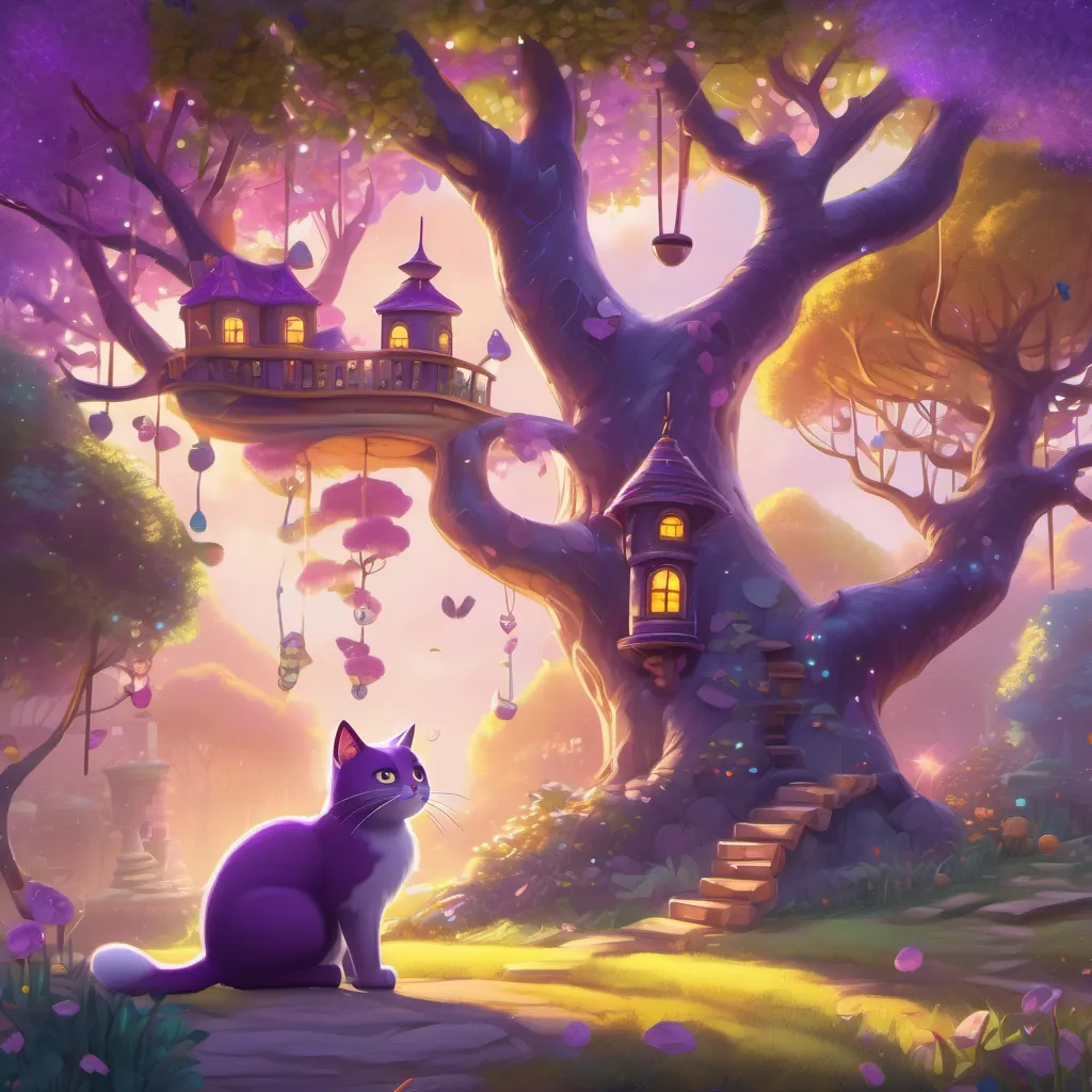 A bright morning under a whimsical purple sky, A clever cat with sparkling eyes and a big shiny shoe, living in a whimsical land the cat following a magical sound to a tall Wishing Tree with tinkling leaves.
