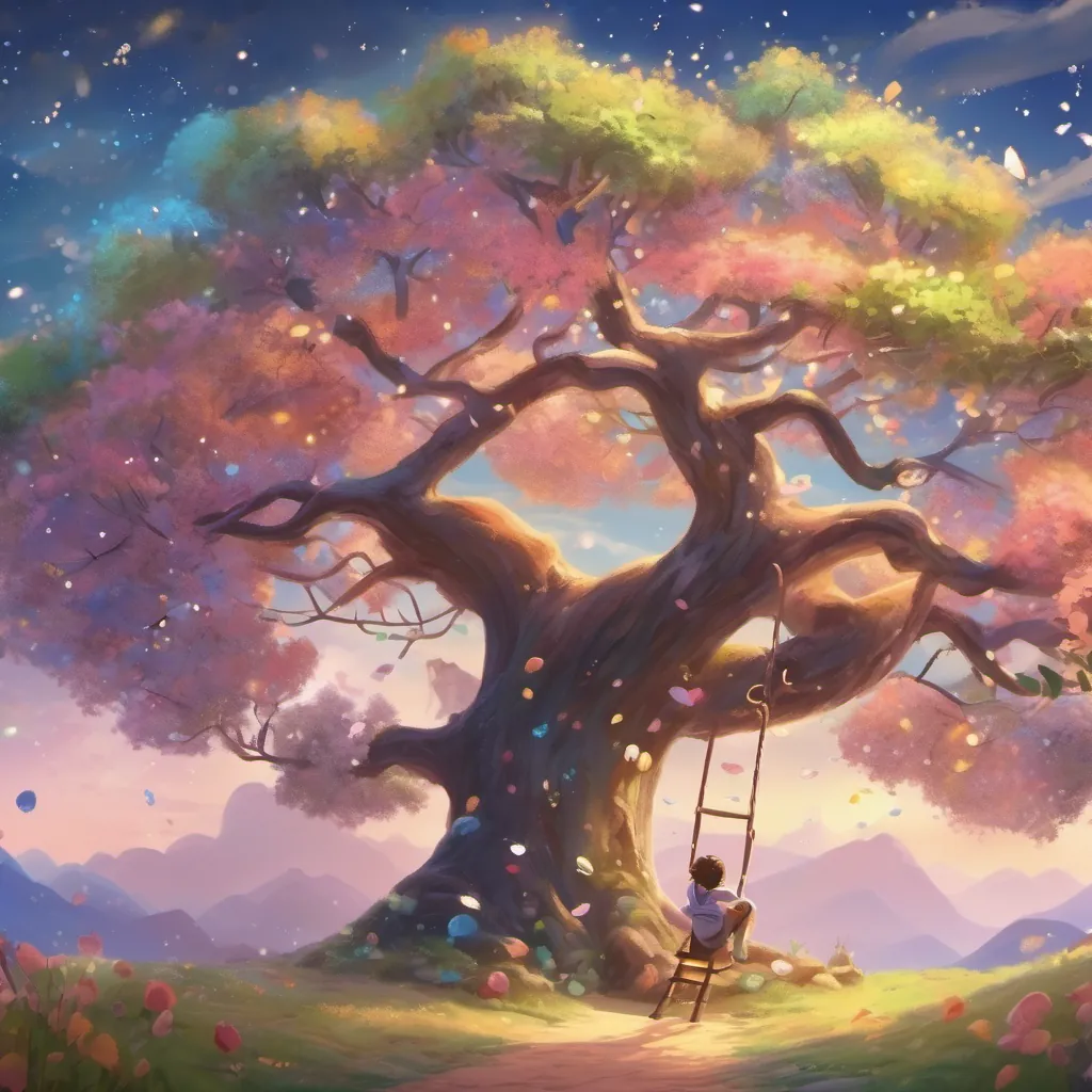 A Wishing Tree under the whimsical sky, children closing their eyes and making wishes, filled with joy and belief.
