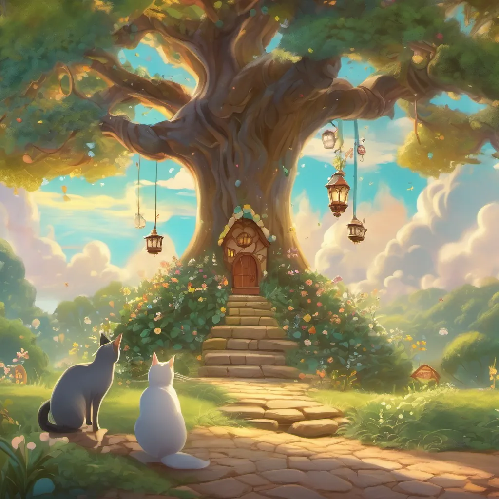 A tall Wishing Tree speaking to A clever cat with sparkling eyes and a big shiny shoe, living in a whimsical land, who appears excited and determined to find the key.