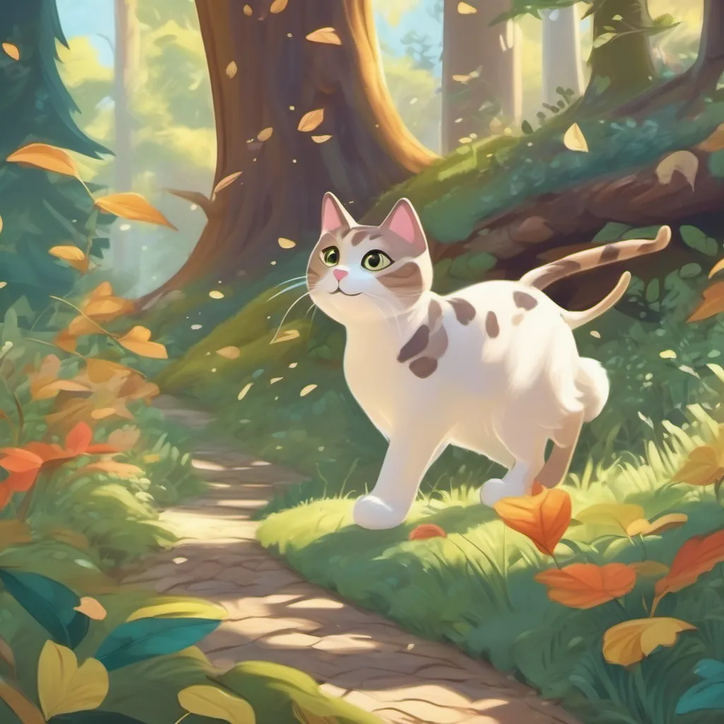 A clever cat with sparkling eyes and a big shiny shoe, living in a whimsical land walking through the Wiggly Woods with trees dancing and leaves singing in a whimsical landscape.