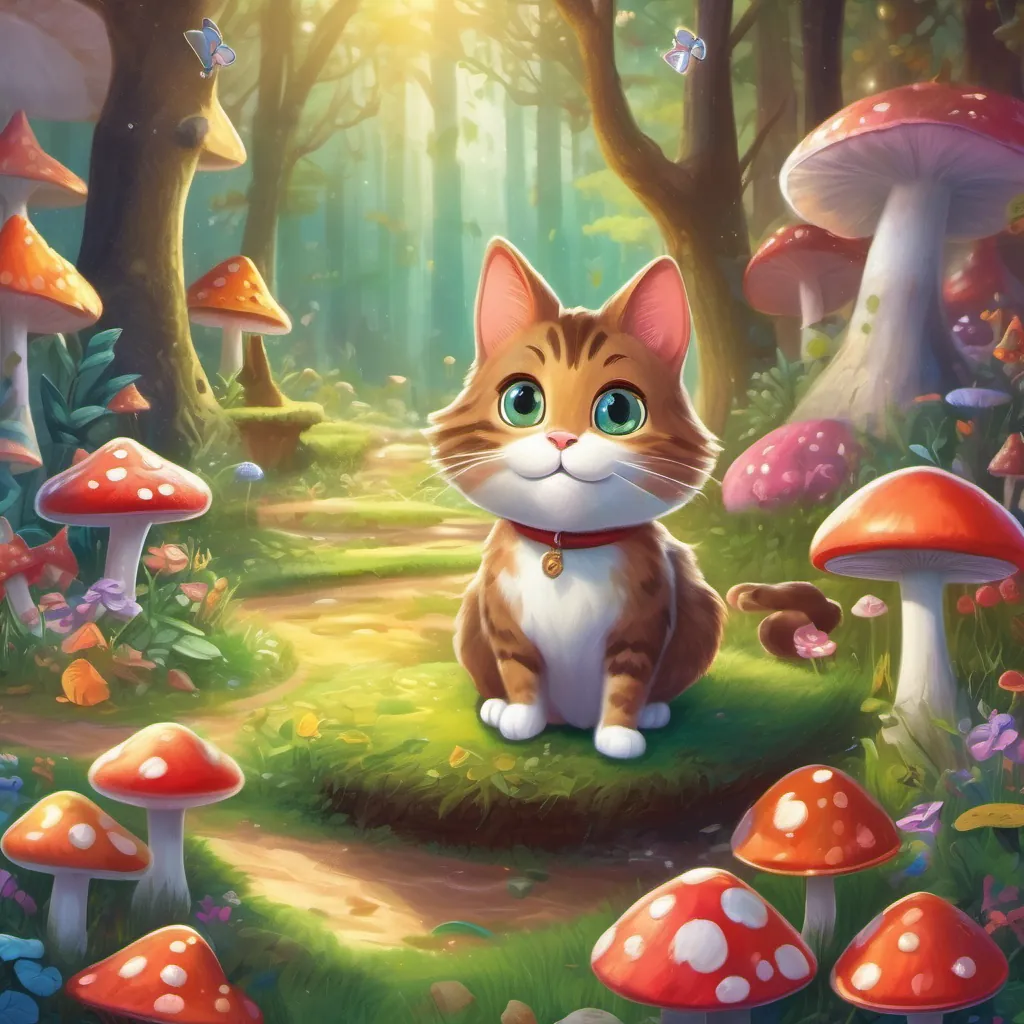 A clever cat with sparkling eyes and a big shiny shoe, living in a whimsical land tiptoeing through colorful toadstools and happy hares hopping joyfully around him.