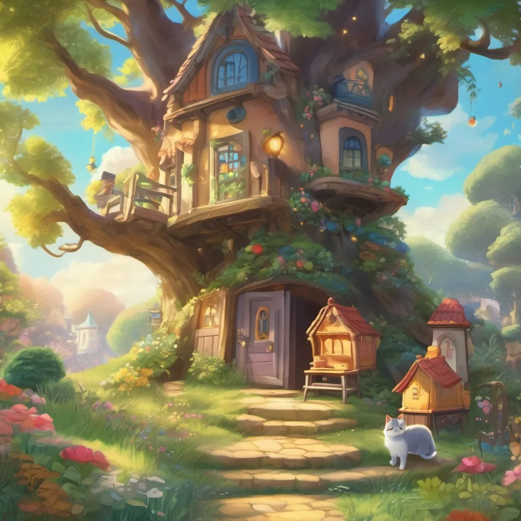A shimmering key sparkling under a tree where giggling Gigglebees sit, encouraging A clever cat with sparkling eyes and a big shiny shoe, living in a whimsical land.